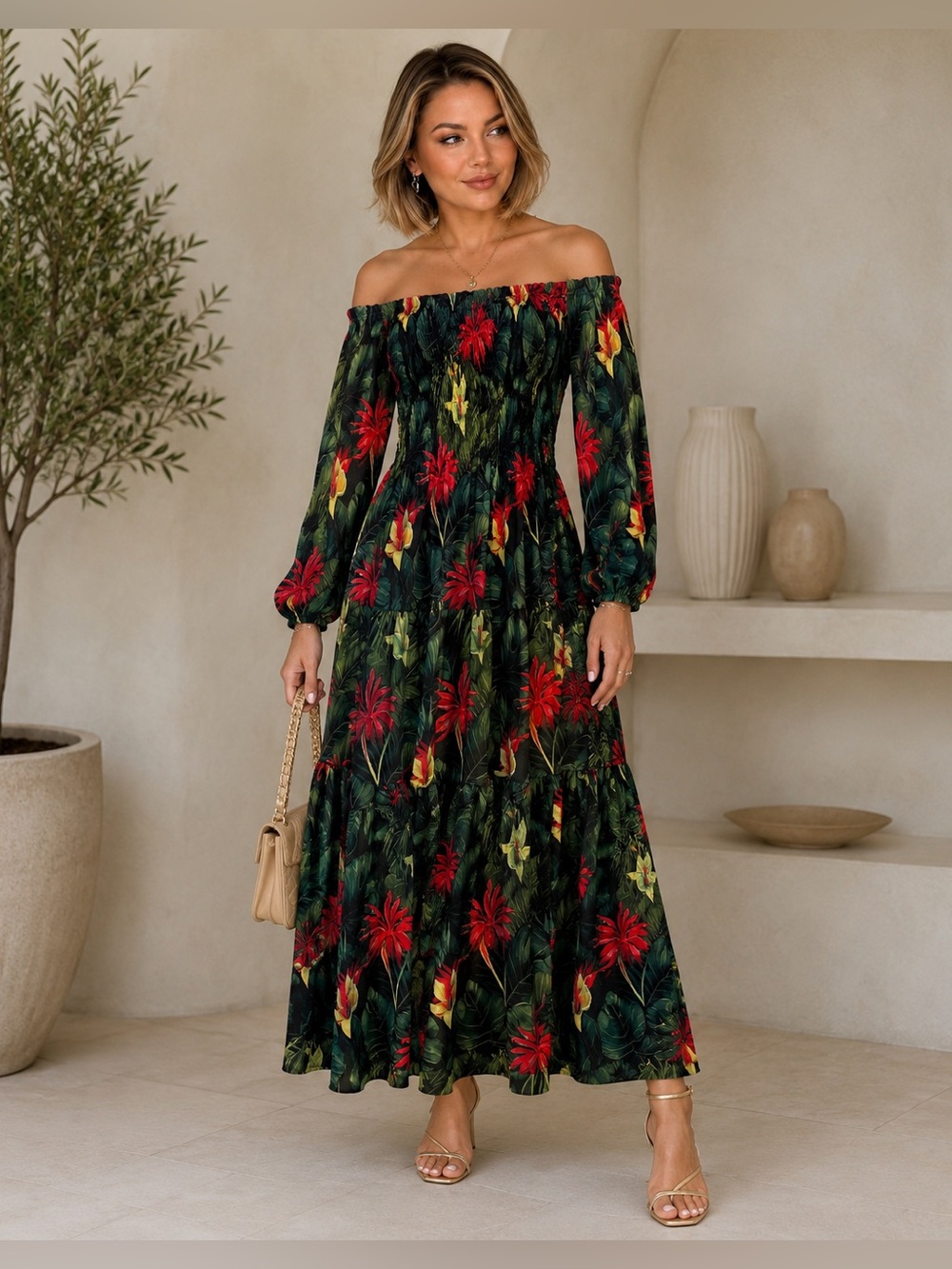 Tropical Off-Shoulder Floral Summer Maxi Dress in Black with Red & Blooms size M
